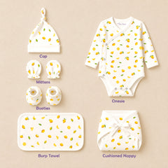 Organic Cotton Baby Essentials Gift Set | Baby Shower Gift Hamper | Baby Clothing Gift Combo | Lemon | Pack of 6