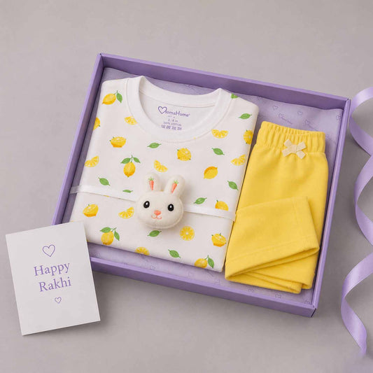 Kids Organic Cotton Co-Ord Set | T-Shirt & Shorts | Lemon ( 1 Rakhi Free )