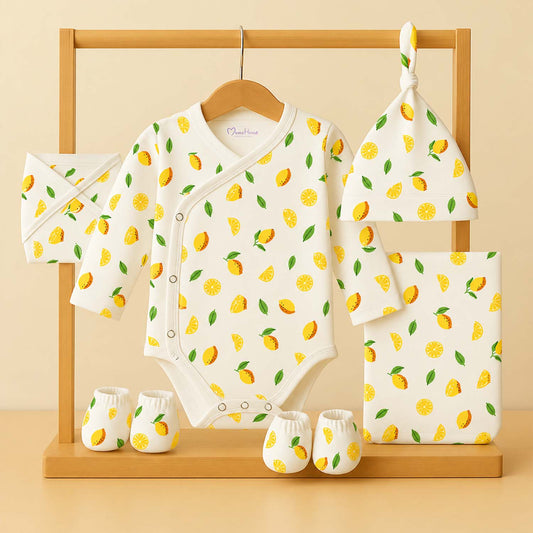 Organic Cotton Baby Essentials Gift Set | Baby Shower Gift Hamper | Baby Clothing Gift Combo | Lemon | Pack of 6