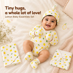 Organic Cotton Baby Essentials Gift Set | Baby Shower Gift Hamper | Baby Clothing Gift Combo | Lemon | Pack of 6