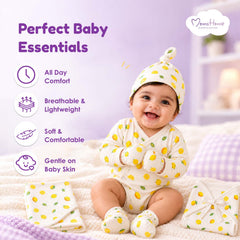 Organic Cotton Baby Essentials Gift Set | Baby Shower Gift Hamper | Baby Clothing Gift Combo | Lemon | Pack of 6