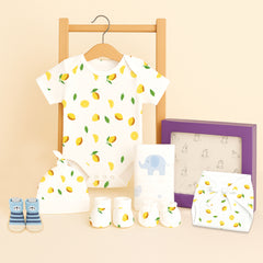 Organic Cotton Baby Essentials Gift Set | Baby Shower Gift Hamper | Baby Clothing Gift Combo | Lemon | Pack of 7