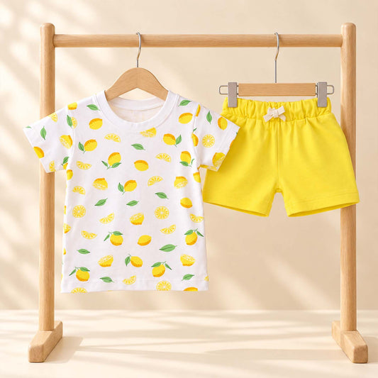 Kids Organic Cotton Co-Ord Set | T-Shirt & Shorts | Lemon