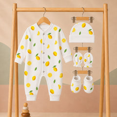 Organic Cotton Newborn Baby Full Body Romper With Cap, Mitten & Bootie Set | Newborn Baby Clothing | Lemon | 0-6 Months