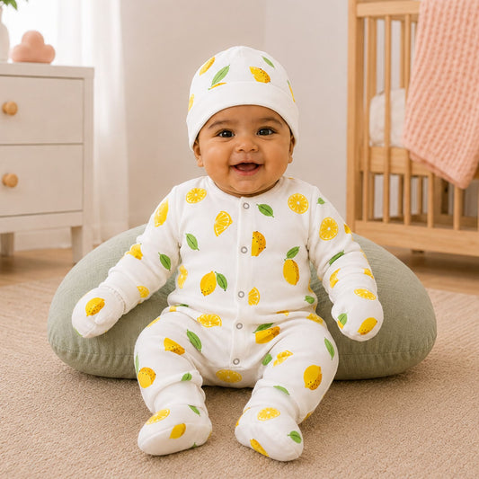 Organic Cotton Newborn Baby Full Body Romper With Cap, Mitten & Bootie Set | Newborn Baby Clothing | Lemon | 0-6 Months