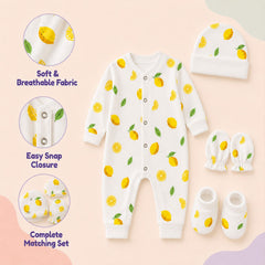 Organic Cotton Newborn Baby Full Body Romper With Cap, Mitten & Bootie Set | Newborn Baby Clothing | Lemon | 0-6 Months