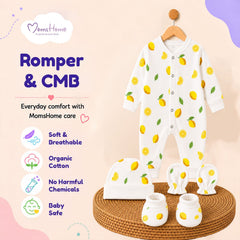 Organic Cotton Newborn Baby Full Body Romper With Cap, Mitten & Bootie Set | Newborn Baby Clothing | Lemon | 0-6 Months