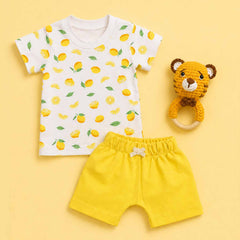 Organic Cotton Baby T-Shirt Shorts with Toy | Baby Essentials Clothing Set | Baby Shower Gift Set | Lemon | Pack of 3