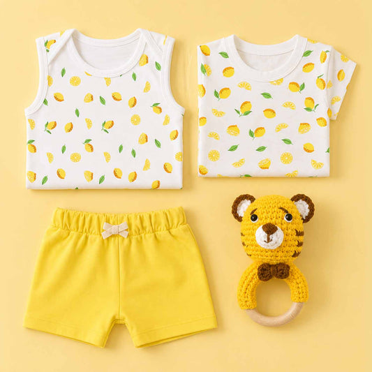 Baby Home Coming Outfit Set | Baby Shower Gift Hamper | Baby Essential Clothes Set | Lemon | Pack of 4