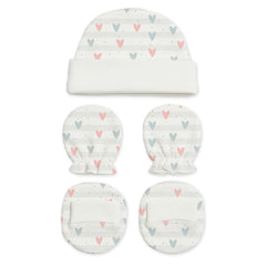 Designer Cap Mitten Bootie Set For New Born Baby | 0-3 Months | Little Hearts, Galaxy, Car, Lemon | Pack of 4