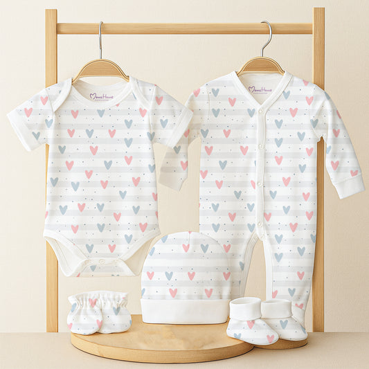 Baby Home Coming Outfit Set | Baby Shower Gift Hamper | Baby Essential Clothes Set | Heart | 0-6 Months | Pack of 5