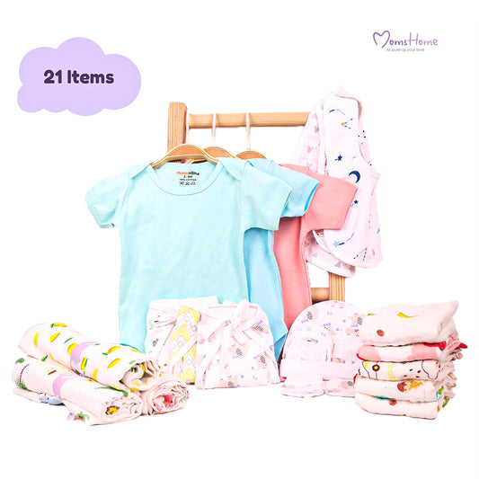 Moms Home Infant Kids Multi-Coloured  Printed Organic Cotton 21-Piece Baby Apparel Gift Set