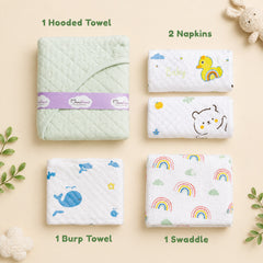 Organic Cotton Baby Essentials Gift Set | Baby Shower Gift Hamper | Towel & Swaddle Combo | 0- 1 Years | 5 Items