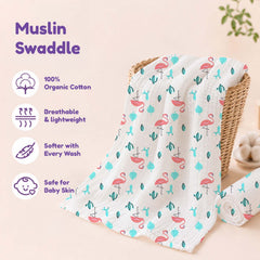 Organic Cotton Baby Muslin Cloth Swaddle | 0-12 Months | 100x100 CM | Flamingo, Blossom, Icecream | Pack of 3