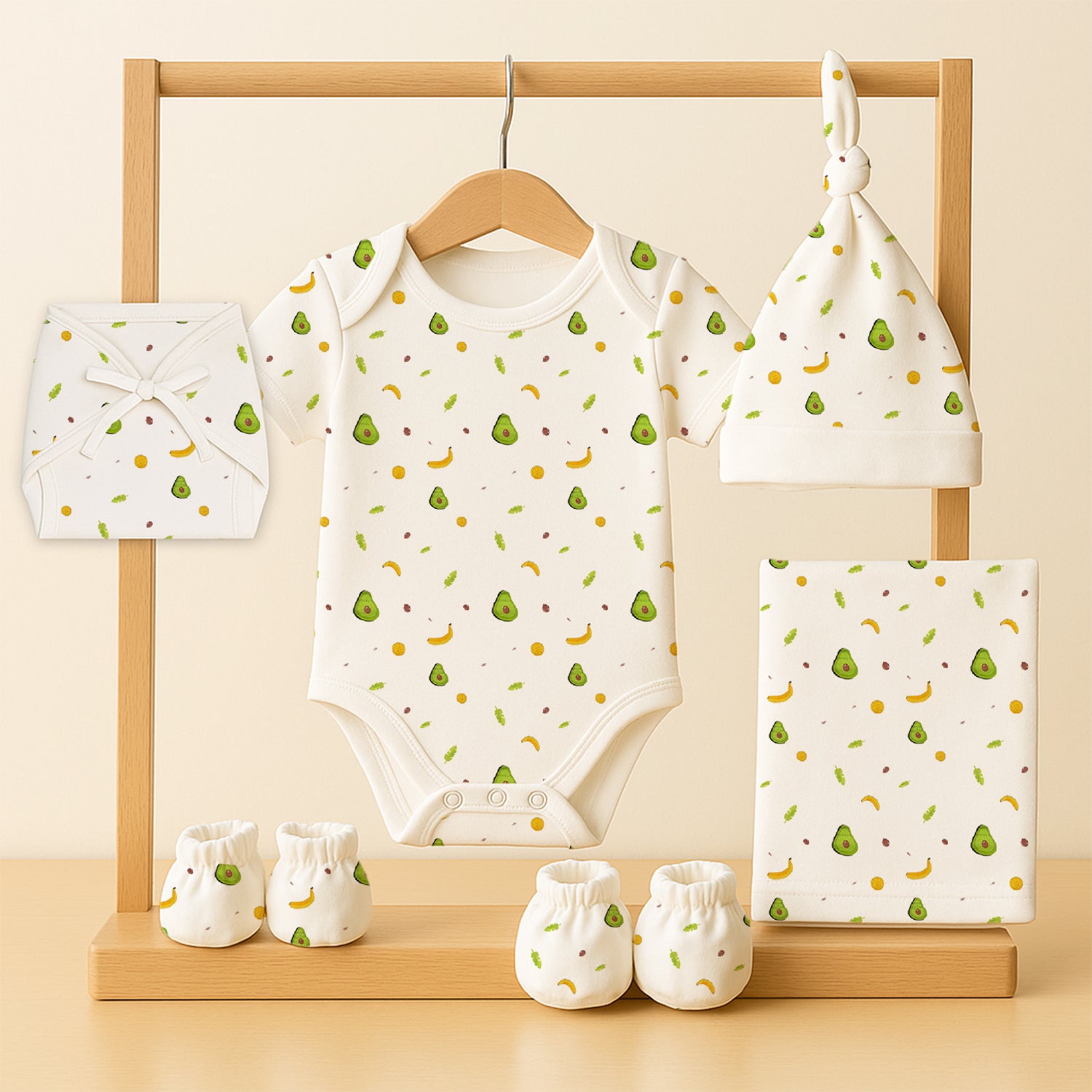 New Born Summer Essential Clothing For Boys Girls Organic Cotton Baby Clothing Set Baby Shower Gift Hamper 0-6 Months Avocado Pack of