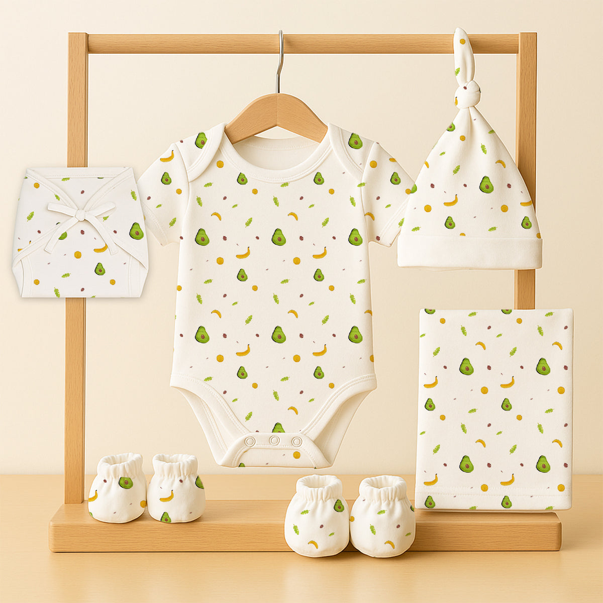 New Born Summer Essential Clothing For Boys & Girls | Organic Cotton Baby Clothing Set | Baby Shower Gift Hamper | 0-6 Months | Avocado | Pack of 6