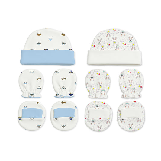 Designer Cap Mitten Bootie Set For New Born Baby | 0-3 Months | Bunny, Car | Pack of 2