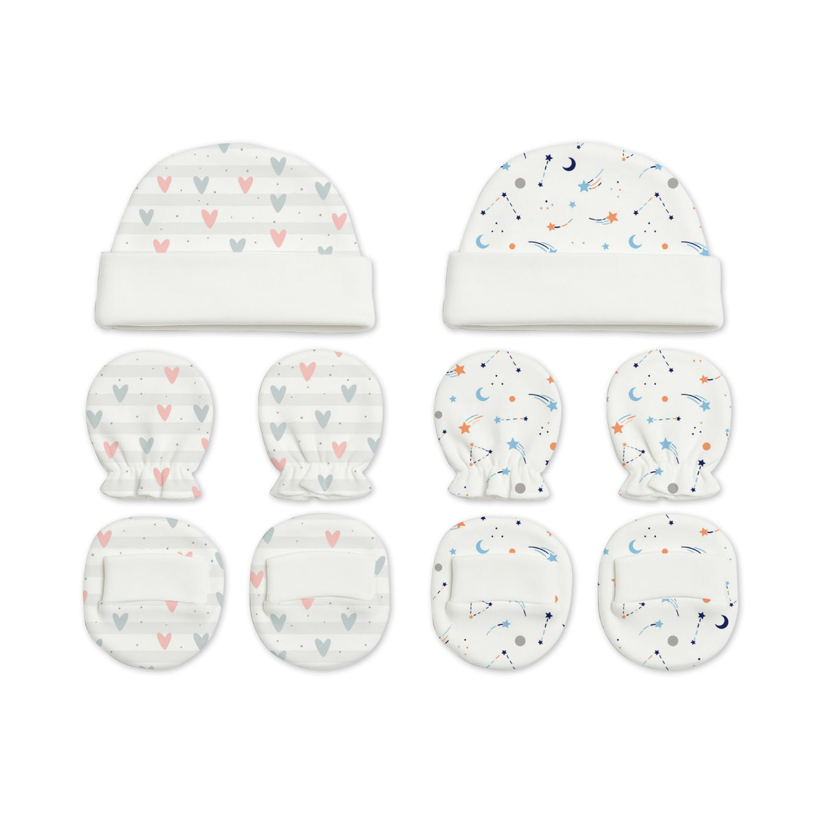 Designer Cap Mitten Bootie Set For New Born Baby | 0-3 Months | Little Hearts, Galaxy | Pack of 2