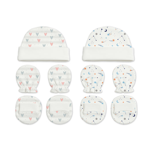 Designer Cap Mitten Bootie Set For New Born Baby | 0-3 Months | Little Hearts, Galaxy | Pack of 2