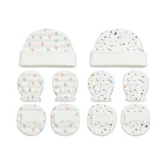 Designer Cap Mitten Bootie Set For New Born Baby | 0-3 Months | Little Hearts, Galaxy | Pack of 2