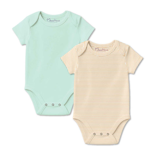 Baby Organic Cotton Onesie Brown Strip & Light Blue | 6-12 Months | Pack of 2