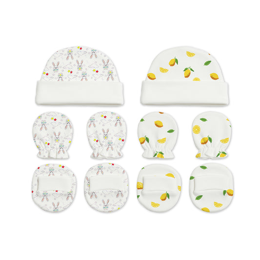 Designer Cap Mitten Bootie Set For New Born Baby | 0-3 Months | Bunny, Lemon | Pack of 2