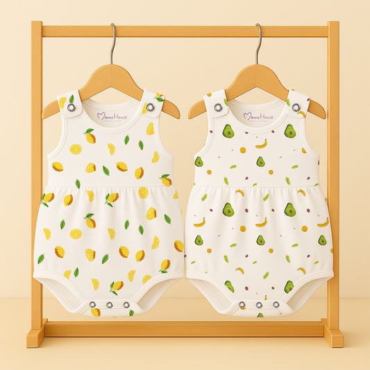 Girls Frock Style Onesie | Stylish Organic Cotton Baby Dress Bodysuit for Newborn & Infant Girls | Snap Button Romper for Babies | 0-6 Months | Pack of 2
