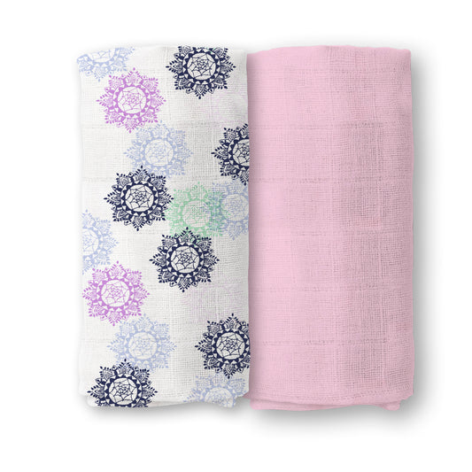 Baby Muslin Swaddle | 100x100 CM | Pack of 2 | Pink Mandala & Pink solid
