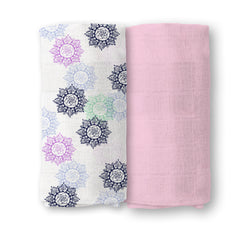 Baby Muslin Swaddle | 100x100 CM | Pack of 2 | Pink Mandala & Pink solid