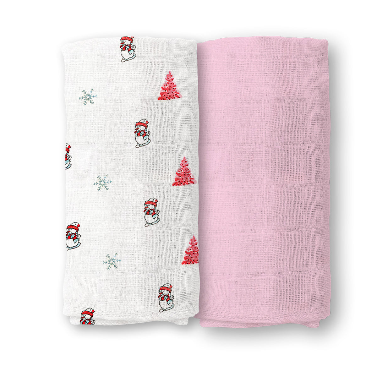 Baby Muslin Swaddle | 100x100 CM | Pack of 2 | Snowman & Pink solid