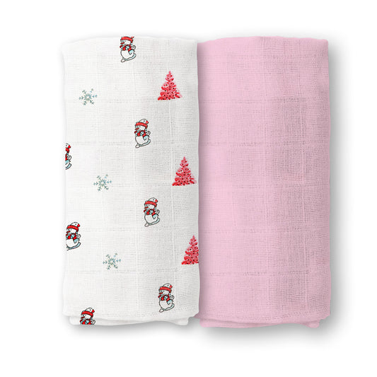 Baby Muslin Swaddle | 100x100 CM | Pack of 2 | Snowman & Pink solid