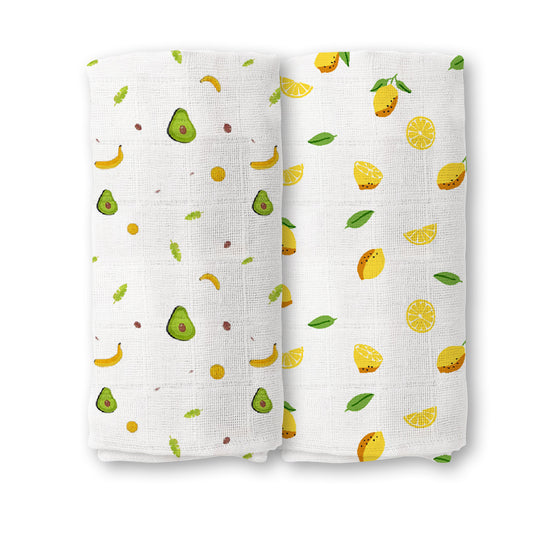 Baby Muslin Swaddle | 100x100 CM | Pack of 2 | Avocado & Lemon