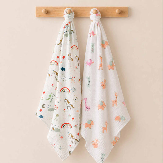 Baby Muslin Cloth Swaddle - 0-12 Months,  Pack of 2 ( Cute Jungle & Unicorn )