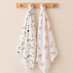 Baby Muslin Cloth Swaddle - 0-12 Months,  Pack of 2 ( Cute Jungle & Unicorn )