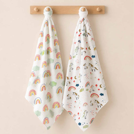 Baby Muslin Cloth Swaddle - 0-12 Months,  Pack of 2 (Unicorn & Rainbow)