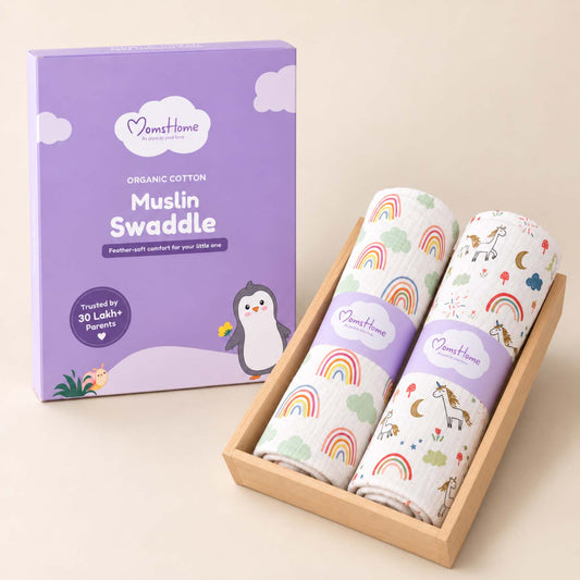 Baby Muslin Cloth Swaddle - 0-12 Months,  Pack of 2 (Unicorn & Rainbow)