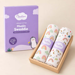 Baby Muslin Cloth Swaddle - 0-12 Months,  Pack of 2 (Unicorn & Rainbow)