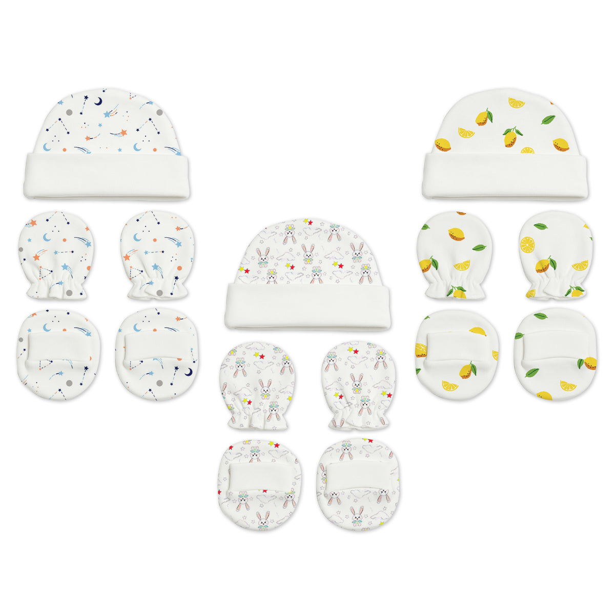 New Born Baby Cap Mitten Bootie Set | Pack of 3 | Mixed Design