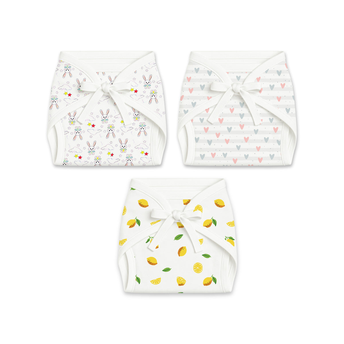 Printed Cushioned Nappies Combo | Organic Cotton Nappies For New Born Baby | 0-6 Months | Heart, Lemon, Bunny | Pack of 3