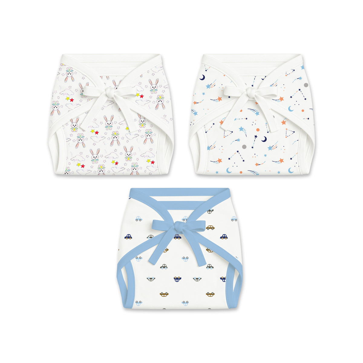 Printed Cushioned Nappies Combo | Organic Cotton Nappies For New Born Baby | 0-6 Months | Galaxy, Car, Bunny | Pack of 3