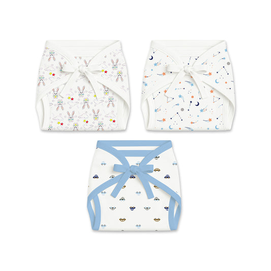Printed Cushioned Nappies Combo | Organic Cotton Nappies For New Born Baby | 0-6 Months | Galaxy, Car, Bunny | Pack of 3