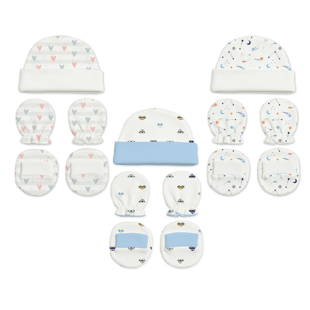 Designer Cap Mitten Bootie Set For New Born Baby | 0-3 Months | Little Hearts, Galaxy, Car | Pack of 3