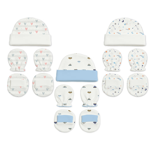 Designer Cap Mitten Bootie Set For New Born Baby | 0-3 Months | Little Hearts, Galaxy, Car | Pack of 3