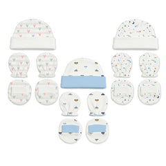 Designer Cap Mitten Bootie Set For New Born Baby | 0-3 Months | Little Hearts, Galaxy, Car | Pack of 3