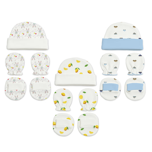 Designer Cap Mitten Bootie Set For New Born Baby | 0-3 Months | Lemon, Bunny, Car | Pack of 3