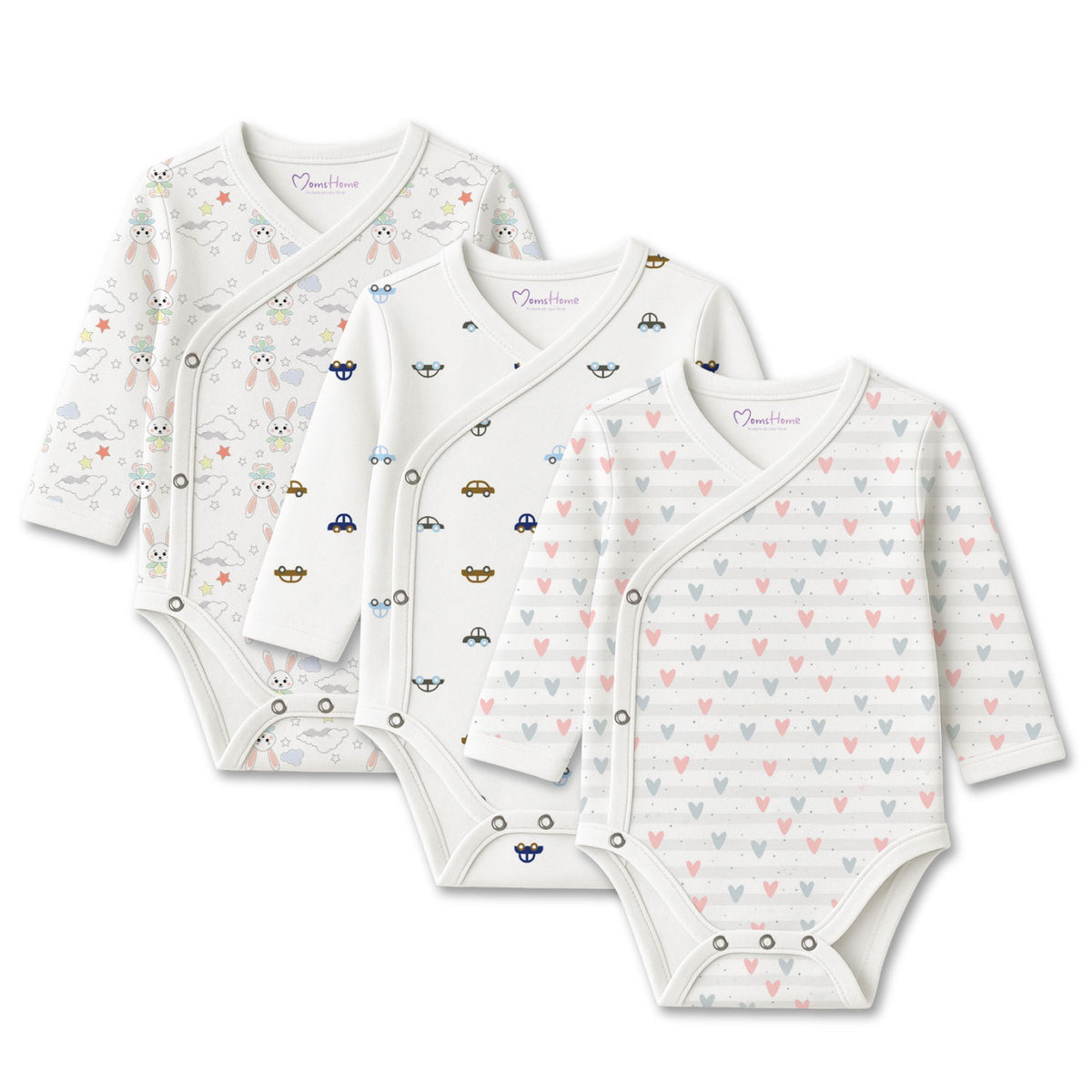 Organic Cotton Front Open Kimono Onesie For New Born Baby | Little Heart, Bunny & Car | Pack of 3