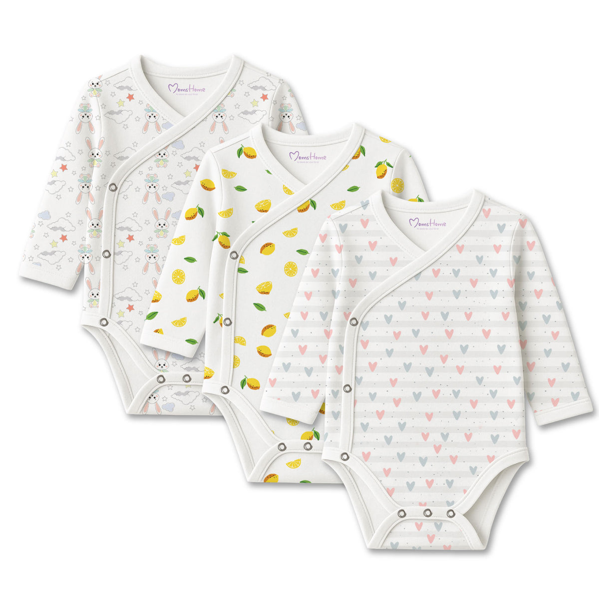 Organic Cotton Front Open Kimono Onesie For New Born Baby | 0-6 Months | Pack of 3