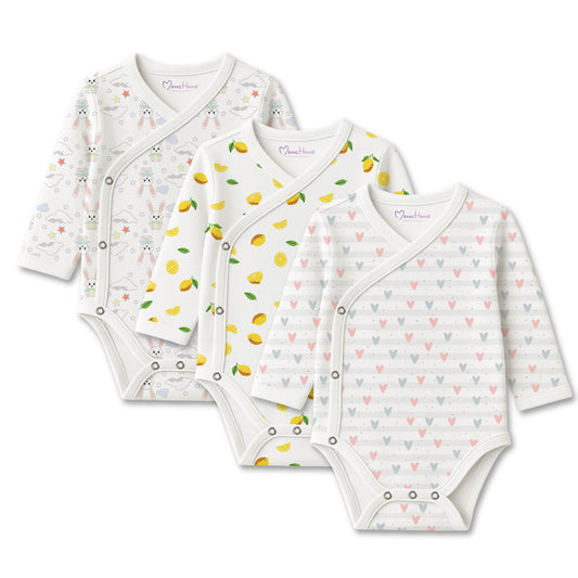 Organic Cotton Front Open Kimono Onesie For New Born Baby | 0-6 Months | Pack of 3