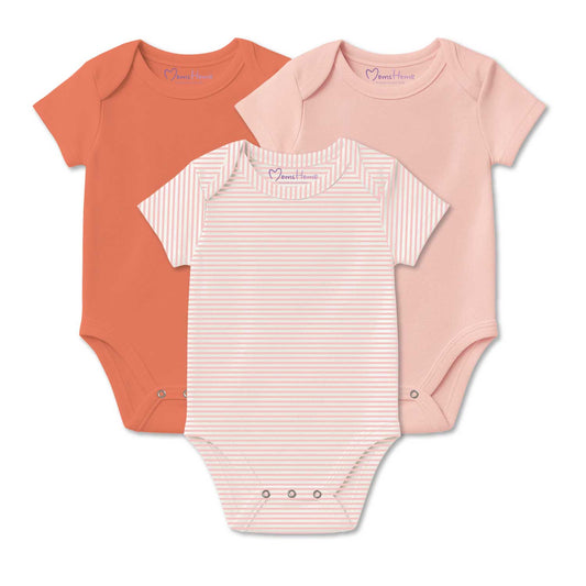 Baby Organic Cotton Onesie | Peach, Pink Strip, Light Pink | 6-12 Months | Pack of 3