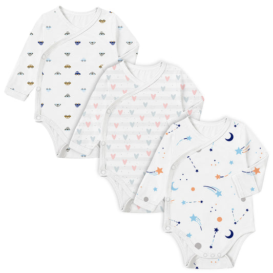 Organic Cotton Front Open Kimono Onesie For New Born Baby | Car, Galaxy & Little Hearts  | Pack of 3